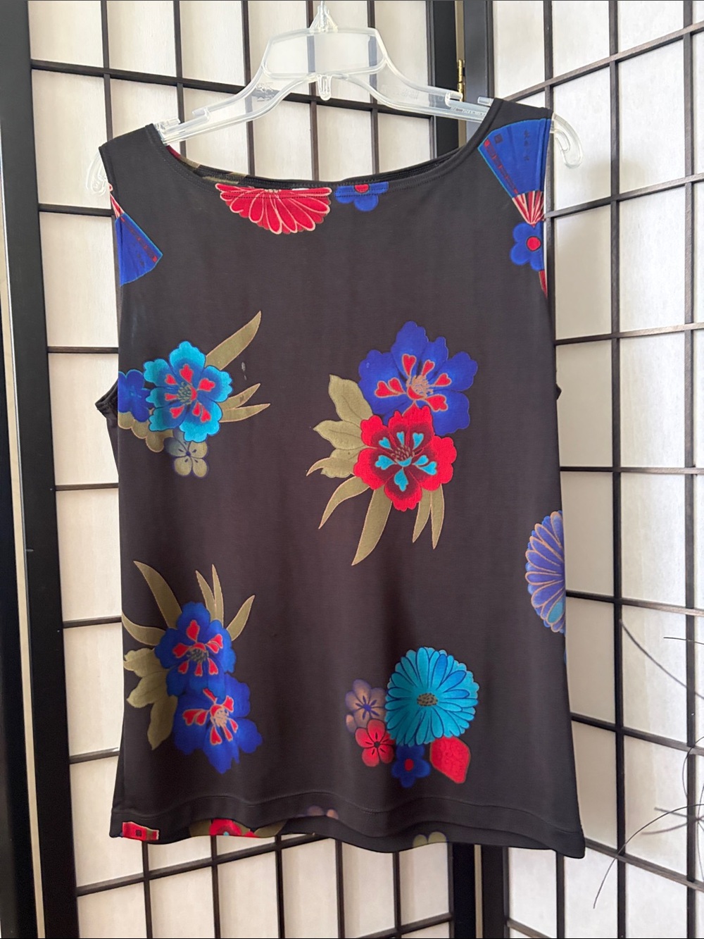 Chico's Black Floral Tank with Blue & Red Blooms